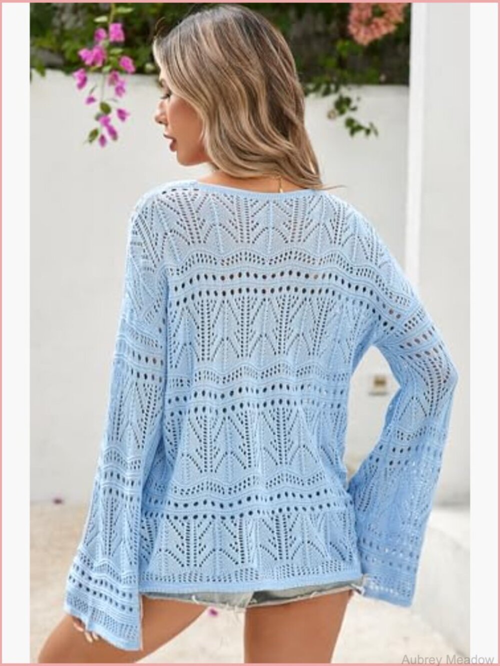Crochet Off Shoulder Sweater Bell Sleeve Boho V-Neck - Picture 3 of 7